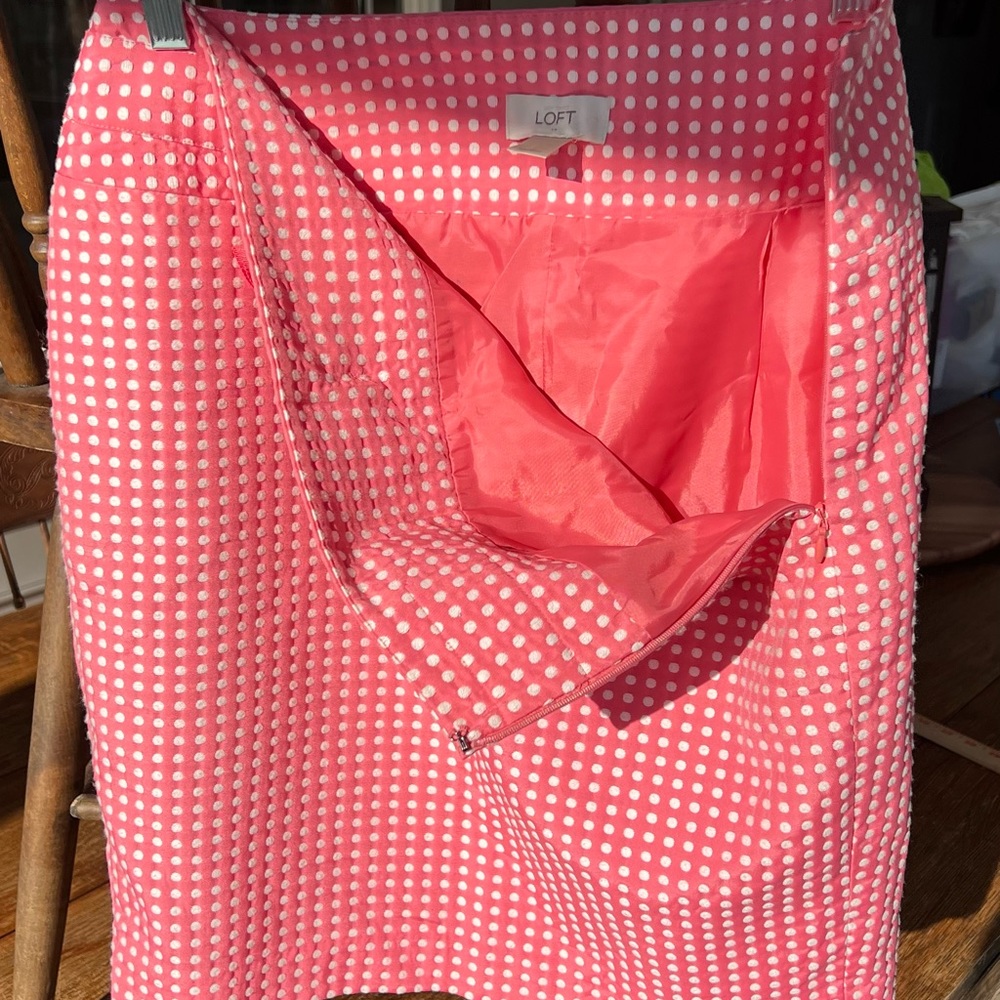 LOFT Pink White Polka Dot Side Zip Pencil Mini Skirt Bow Accent Lined size 6 - Picture 9 of 15